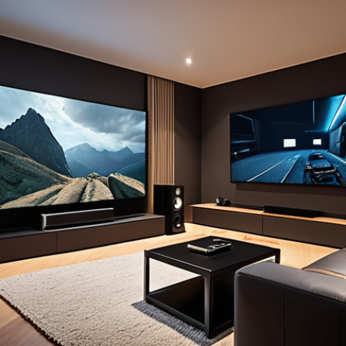 Home 4 **
"Home cinema setup with Dolby Atmos. Focus on realistic sound immersion. Include a modern living room interior, high-end speakers strategically placed, and a screen displaying an action movie scene. Emphasize the immersive audio experience with visual cues like sound waves emanating from the speakers. Dramatic lighting to create a cinematic atmosphere."
**